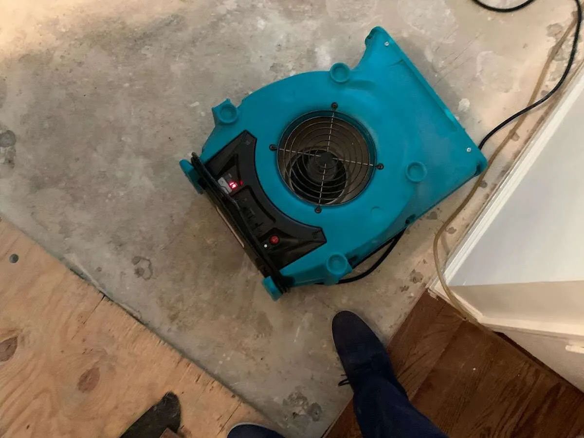 Air mover drying subfloor during Commercial Water Damage Restoration in Central